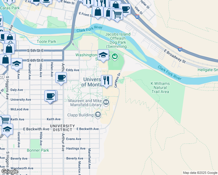 map of restaurants, bars, coffee shops, grocery stores, and more near 5 Campus Drive in Missoula
