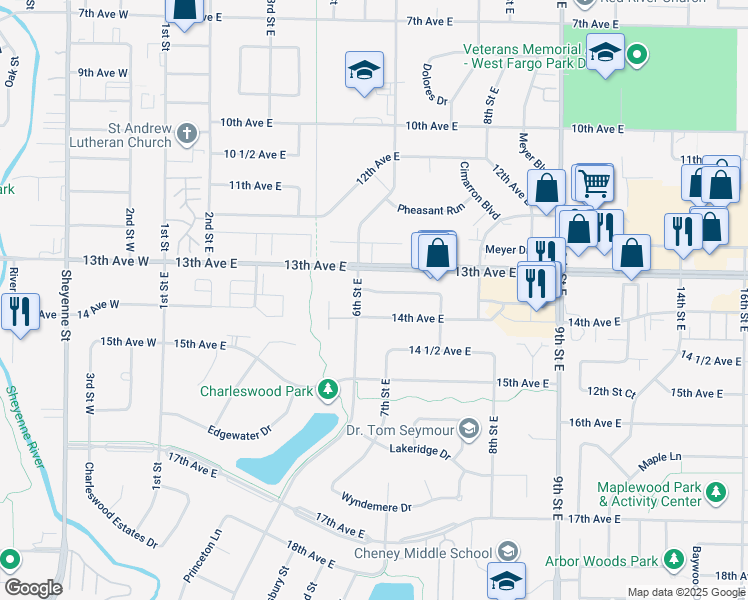 map of restaurants, bars, coffee shops, grocery stores, and more near 611 13 1/2th Avenue East in West Fargo