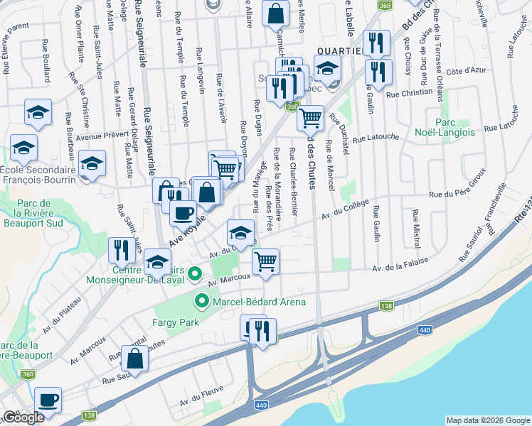 map of restaurants, bars, coffee shops, grocery stores, and more near 44 Rue des Prés in Québec