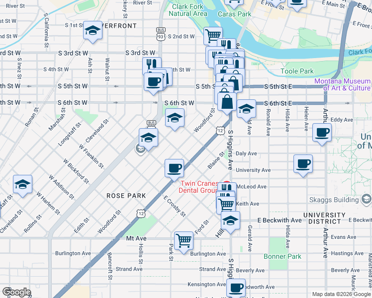 map of restaurants, bars, coffee shops, grocery stores, and more near 334 Woodford Street in Missoula