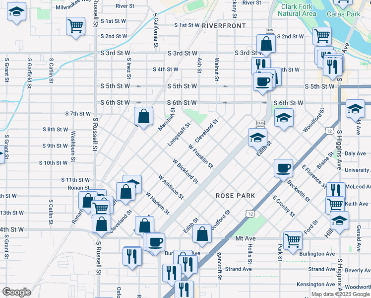 map of restaurants, bars, coffee shops, grocery stores, and more near 705 Cleveland Street in Missoula