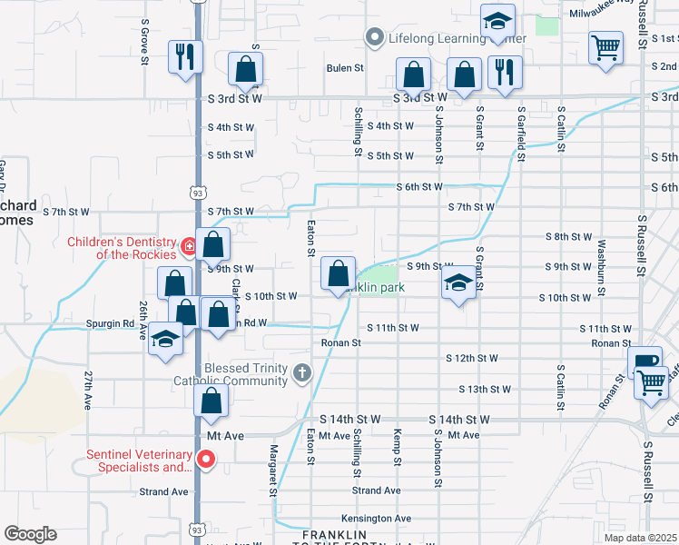 map of restaurants, bars, coffee shops, grocery stores, and more near 2218-2224 South 9th Street West in Missoula