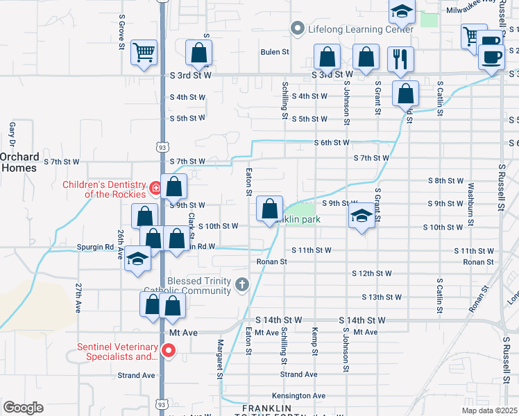 map of restaurants, bars, coffee shops, grocery stores, and more near 2218-2224 South 9th Street West in Missoula