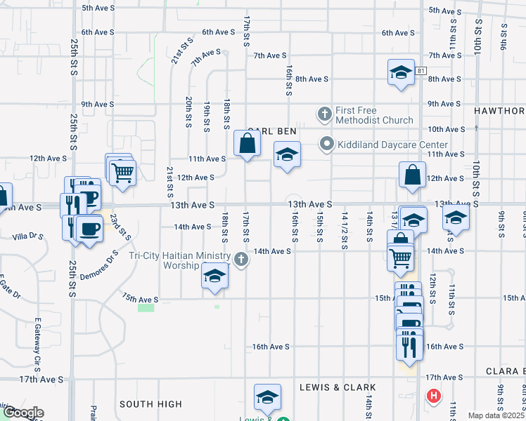 map of restaurants, bars, coffee shops, grocery stores, and more near 1636 13th Avenue South in Fargo
