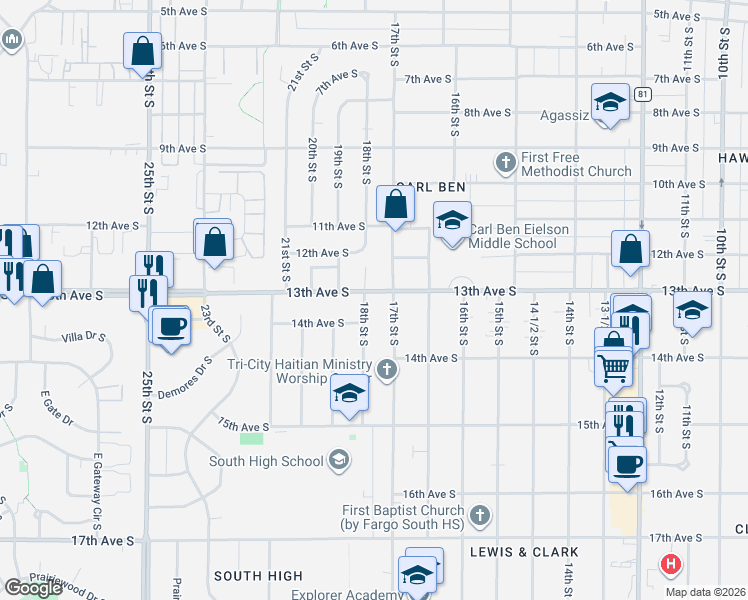 map of restaurants, bars, coffee shops, grocery stores, and more near 1317 17th Street South in Fargo