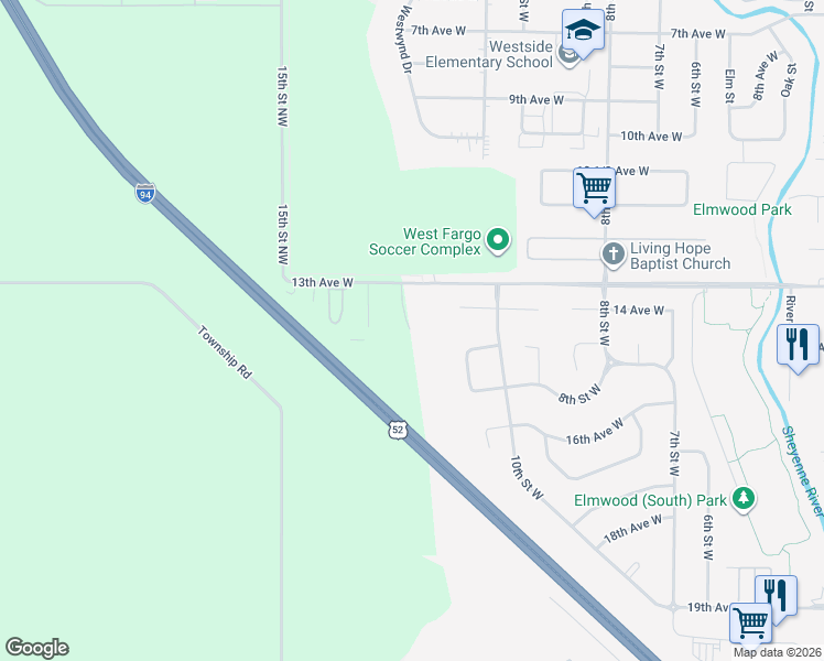 map of restaurants, bars, coffee shops, grocery stores, and more near 1400 12th Street West in West Fargo