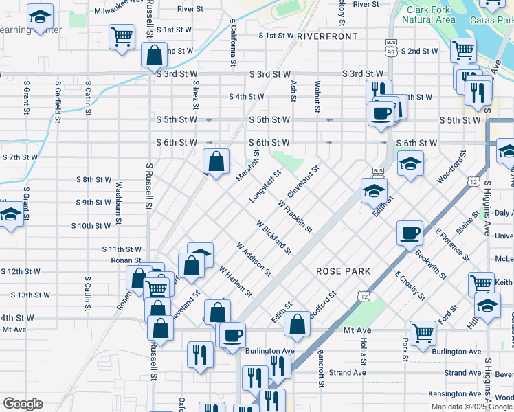 map of restaurants, bars, coffee shops, grocery stores, and more near 730 Longstaff Street in Missoula