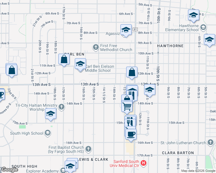 map of restaurants, bars, coffee shops, grocery stores, and more near 1422 13th Ave S in Fargo