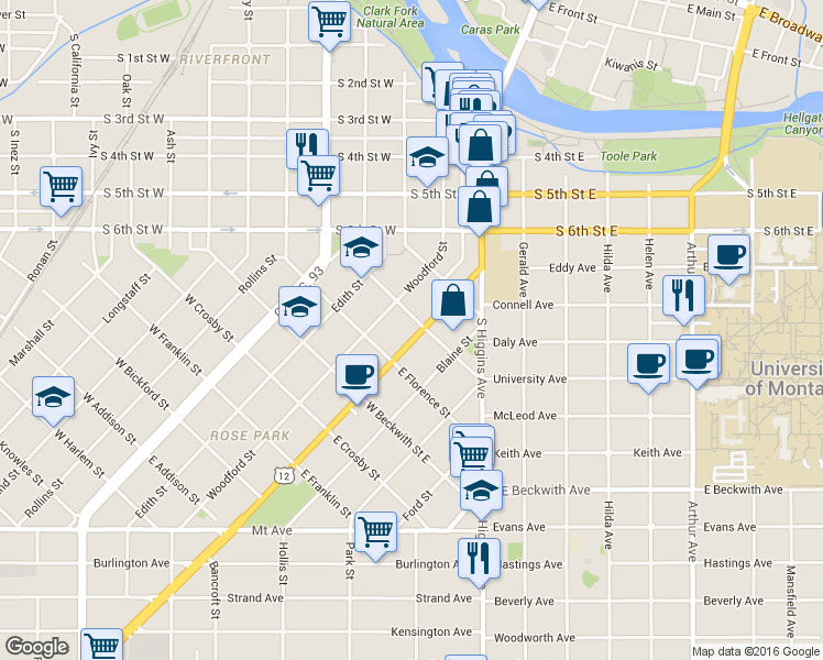 map of restaurants, bars, coffee shops, grocery stores, and more near 327 Tremont Street in Missoula