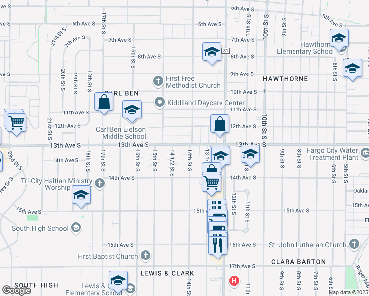 map of restaurants, bars, coffee shops, grocery stores, and more near 1402 13th Avenue South in Fargo