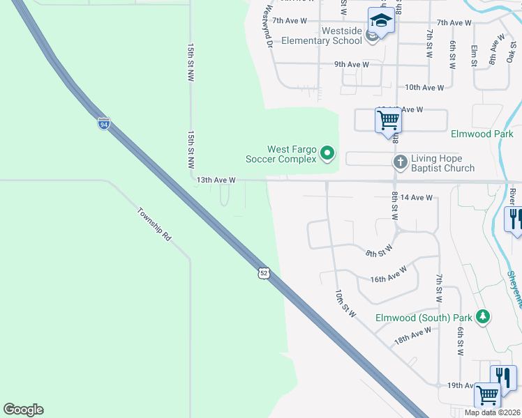 map of restaurants, bars, coffee shops, grocery stores, and more near 1251 13th Avenue West in West Fargo