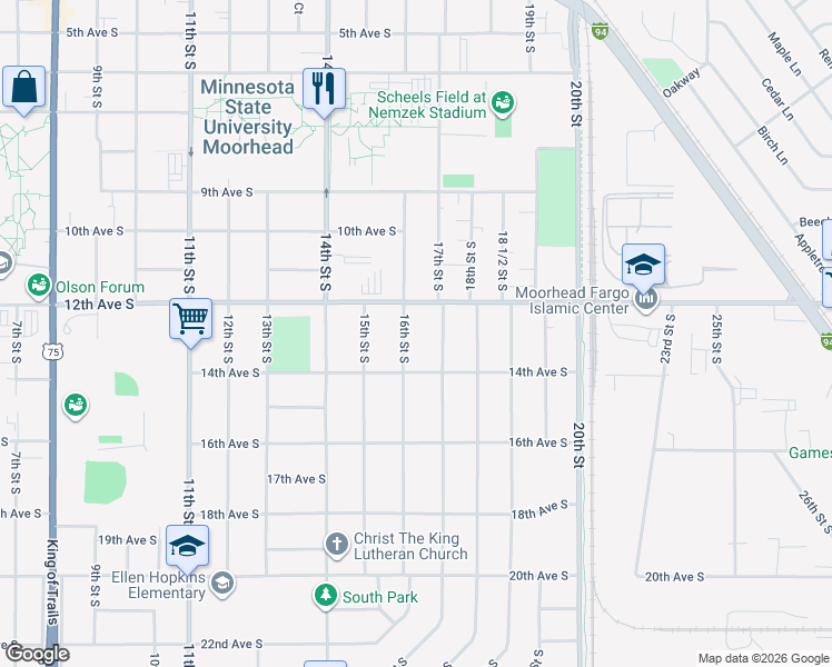 map of restaurants, bars, coffee shops, grocery stores, and more near 1214 16th Street South in Moorhead