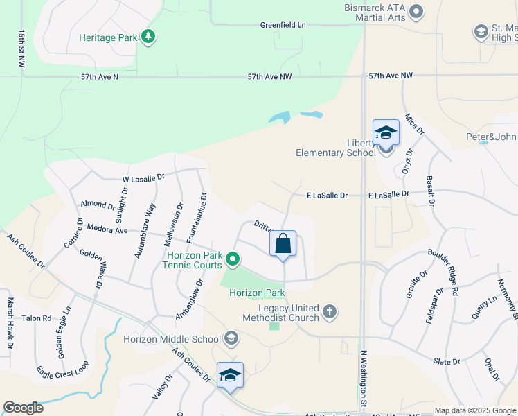 map of restaurants, bars, coffee shops, grocery stores, and more near 523 La Paz Avenue in Bismarck