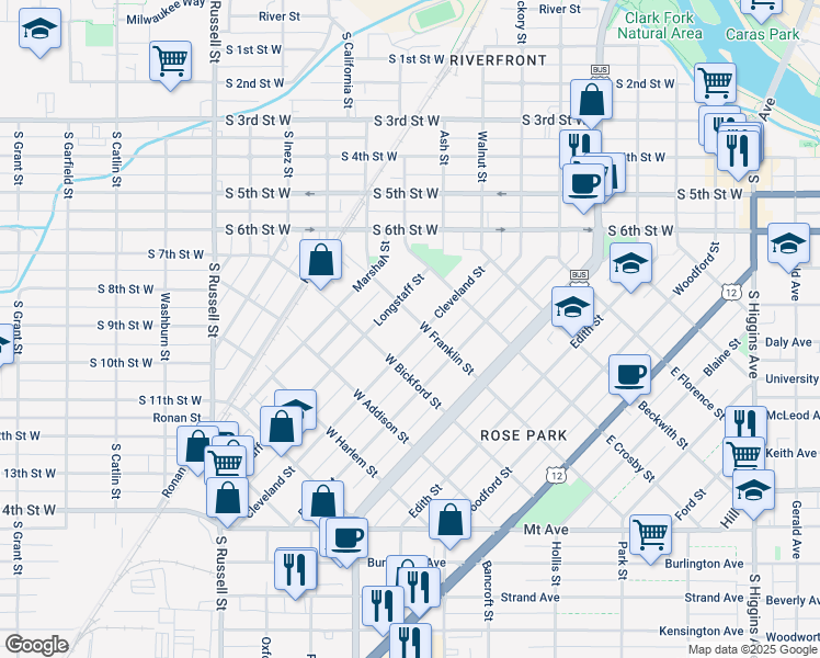 map of restaurants, bars, coffee shops, grocery stores, and more near 705 Cleveland Street in Missoula