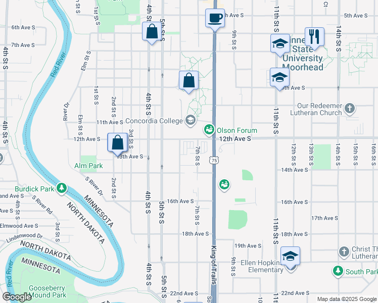map of restaurants, bars, coffee shops, grocery stores, and more near 1219 7th Street South in Moorhead