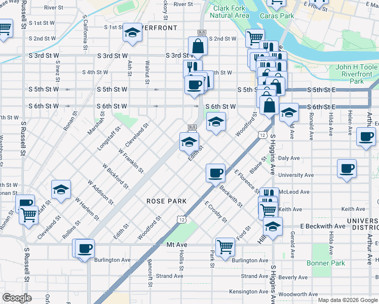 map of restaurants, bars, coffee shops, grocery stores, and more near 445 Edith Street in Missoula