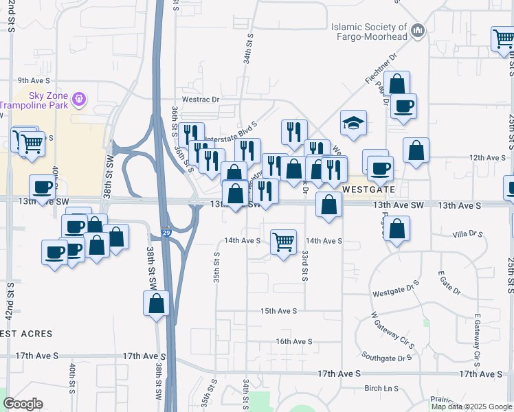 map of restaurants, bars, coffee shops, grocery stores, and more near 3348 13th Avenue South in Fargo