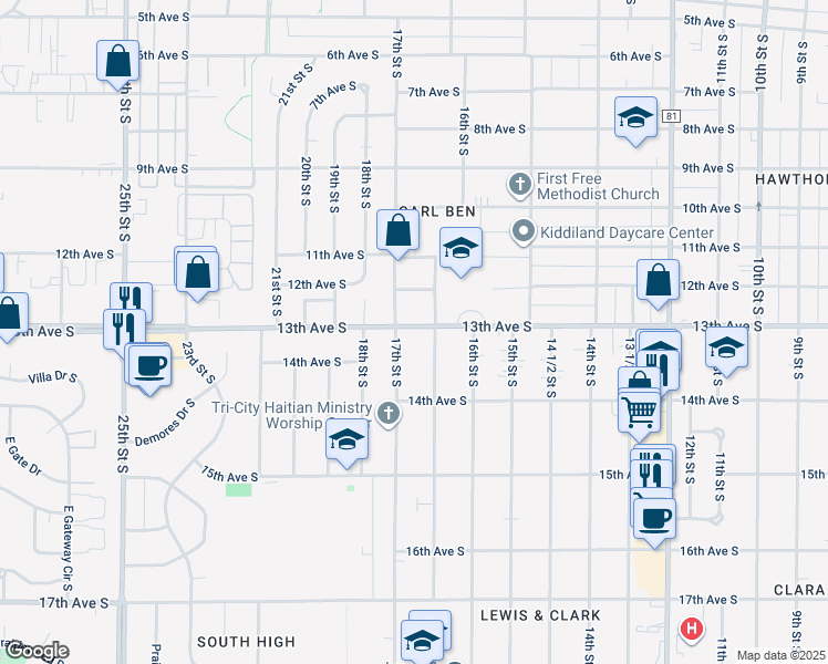 map of restaurants, bars, coffee shops, grocery stores, and more near 1636 13th Avenue South in Fargo