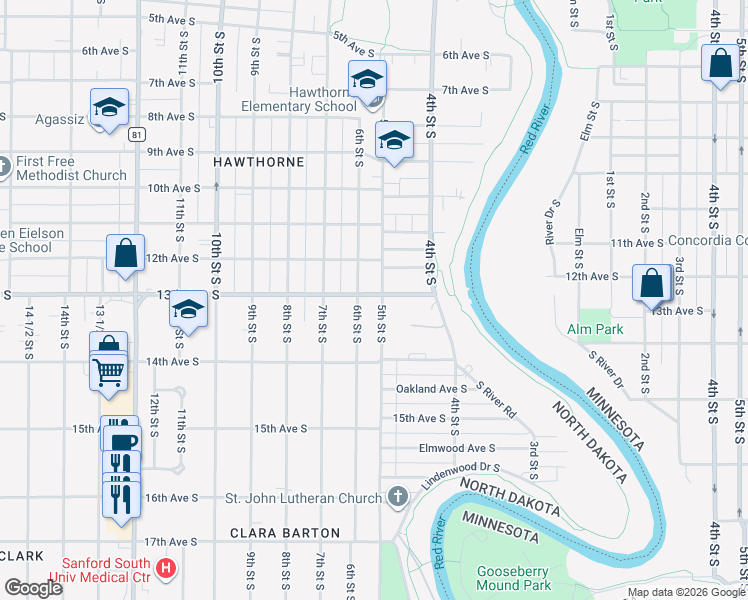 map of restaurants, bars, coffee shops, grocery stores, and more near 418-498 13th Ave S in Fargo