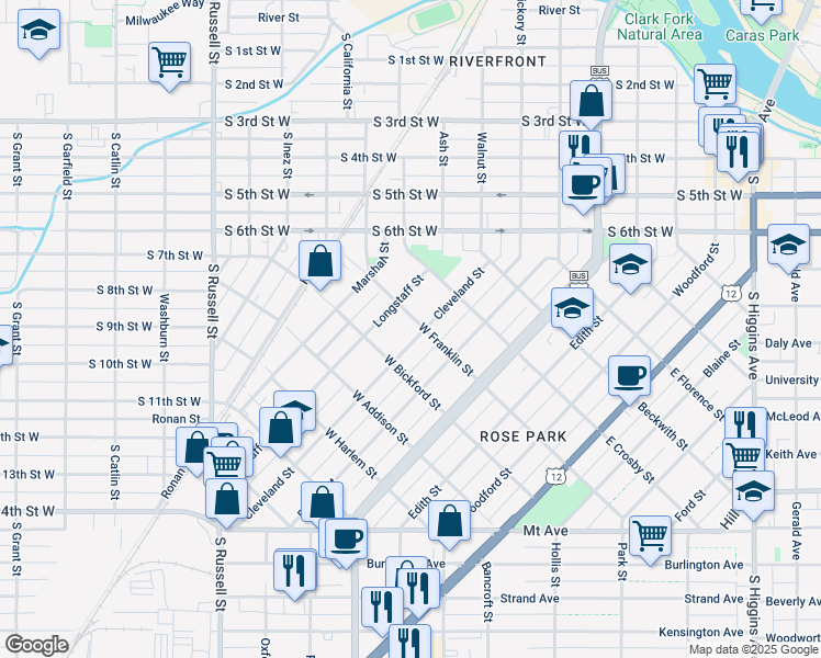 map of restaurants, bars, coffee shops, grocery stores, and more near 705 Cleveland Street in Missoula
