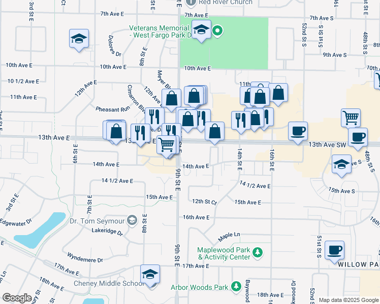 map of restaurants, bars, coffee shops, grocery stores, and more near 901 13th Ave E in West Fargo