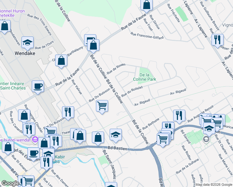 map of restaurants, bars, coffee shops, grocery stores, and more near 11713 Boulevard de la Colline in Québec