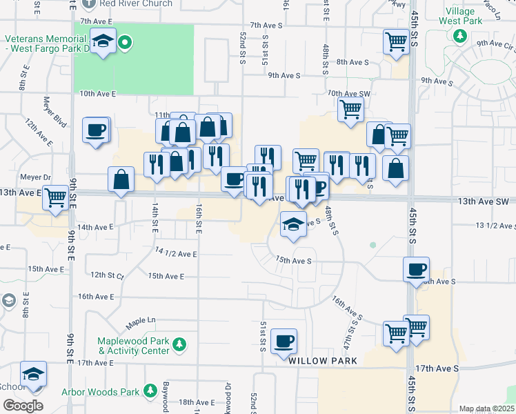 map of restaurants, bars, coffee shops, grocery stores, and more near 5050 13th Avenue South in Fargo