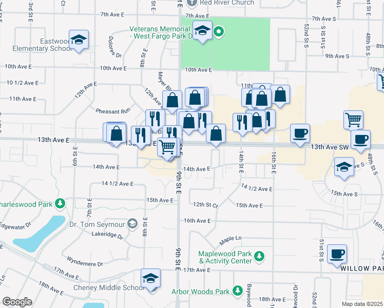 map of restaurants, bars, coffee shops, grocery stores, and more near 901 13th Avenue East in West Fargo