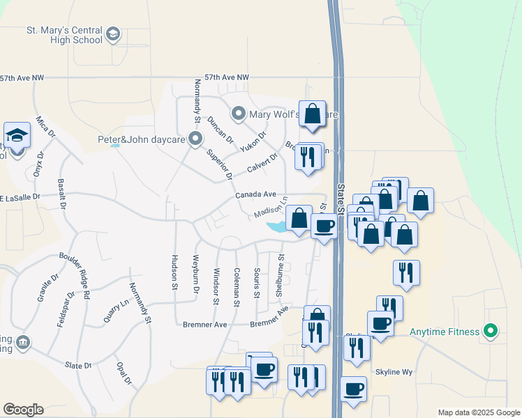 map of restaurants, bars, coffee shops, grocery stores, and more near 1038 Madison Lane in Bismarck