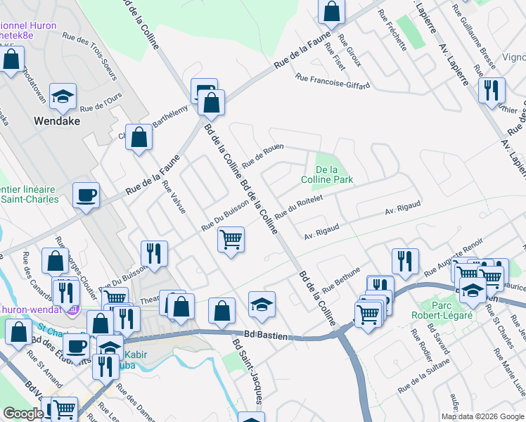 map of restaurants, bars, coffee shops, grocery stores, and more near 11715 Boulevard de la Colline in Québec