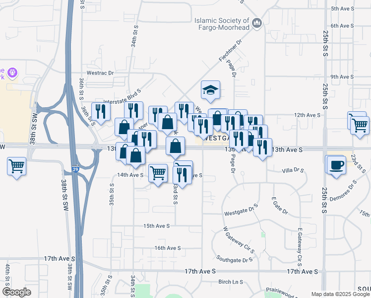 map of restaurants, bars, coffee shops, grocery stores, and more near 3216 13th Avenue Southwest in Fargo