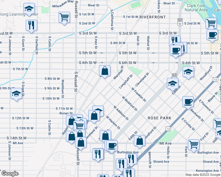 map of restaurants, bars, coffee shops, grocery stores, and more near 800 Marshall Street in Missoula