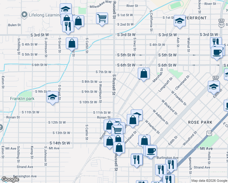 map of restaurants, bars, coffee shops, grocery stores, and more near 935 Kern Street in Missoula