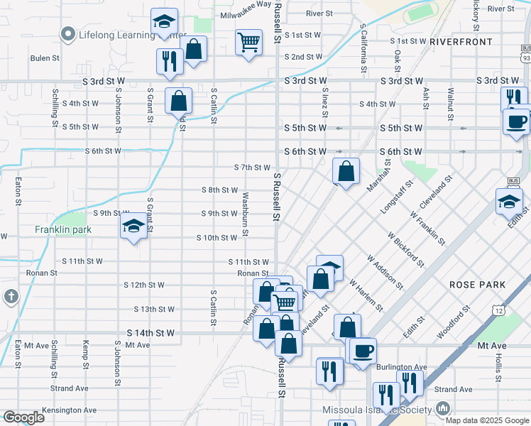 map of restaurants, bars, coffee shops, grocery stores, and more near 1535 South 9th Street West in Missoula