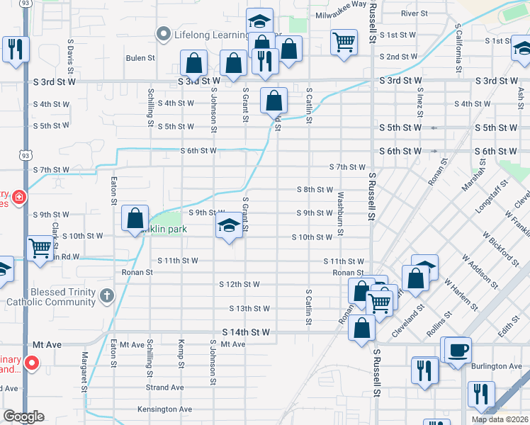 map of restaurants, bars, coffee shops, grocery stores, and more near 1840 South 9th Street West in Missoula
