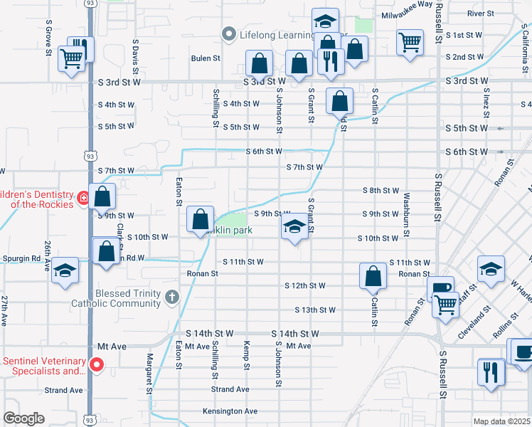 map of restaurants, bars, coffee shops, grocery stores, and more near 2004 South 9th Street West in Missoula
