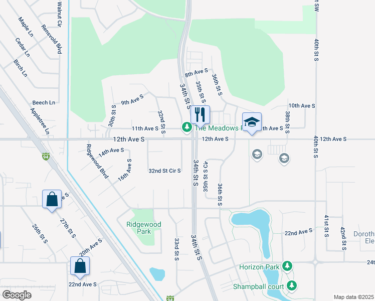 map of restaurants, bars, coffee shops, grocery stores, and more near 1204 34th Street Circle South in Moorhead