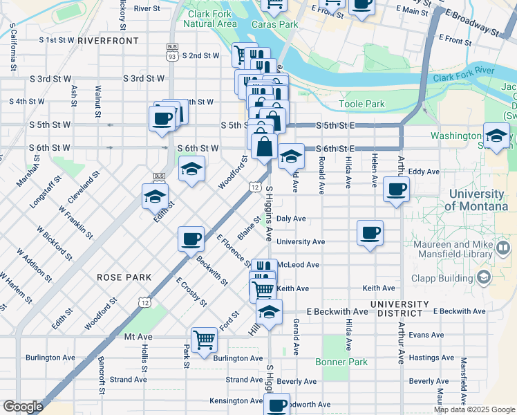 map of restaurants, bars, coffee shops, grocery stores, and more near in Missoula