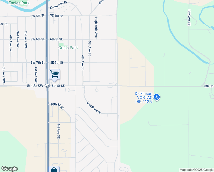 map of restaurants, bars, coffee shops, grocery stores, and more near 747 Southeast 8th Street in Dickinson