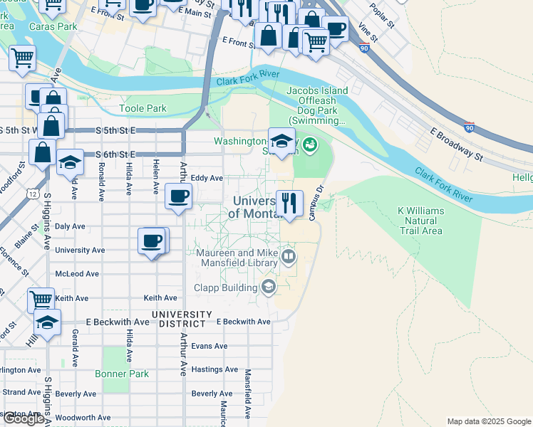 map of restaurants, bars, coffee shops, grocery stores, and more near in Missoula