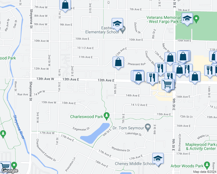 map of restaurants, bars, coffee shops, grocery stores, and more near 1336 6th Street East in West Fargo