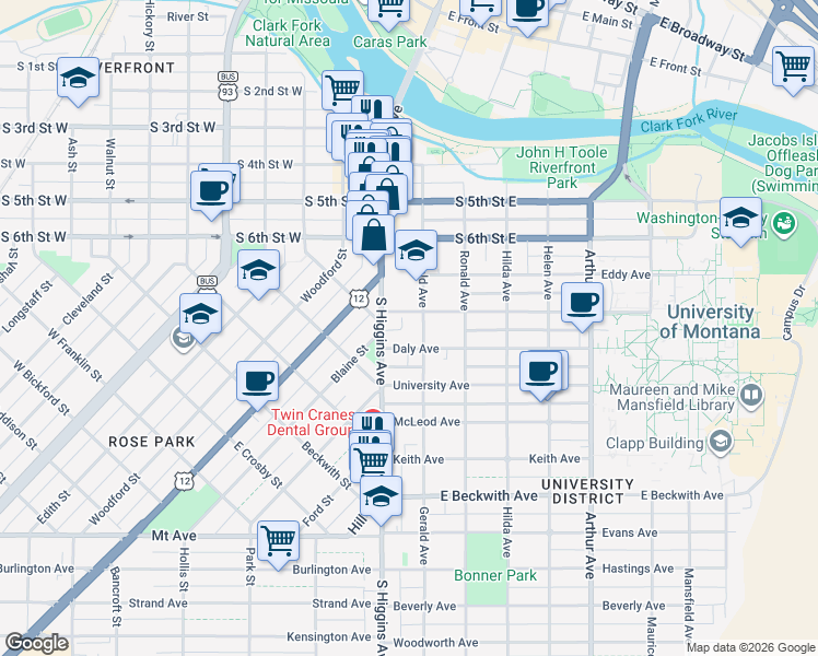 map of restaurants, bars, coffee shops, grocery stores, and more near 105 Connell Avenue in Missoula