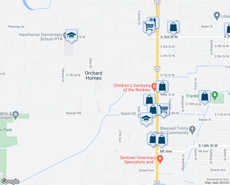 map of restaurants, bars, coffee shops, grocery stores, and more near 1098 Patty Ann Drive in Missoula