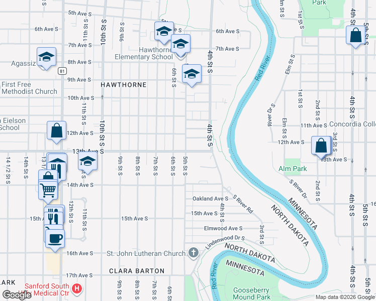 map of restaurants, bars, coffee shops, grocery stores, and more near 498 13th Avenue South in Fargo