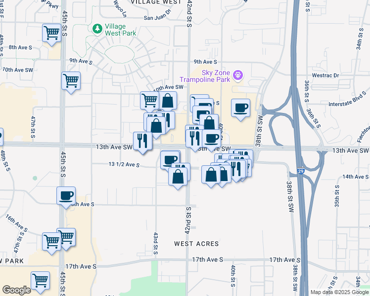 map of restaurants, bars, coffee shops, grocery stores, and more near 4202 13th Avenue Southwest in Fargo