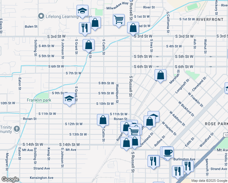 map of restaurants, bars, coffee shops, grocery stores, and more near 1614 South 9th Street West in Missoula