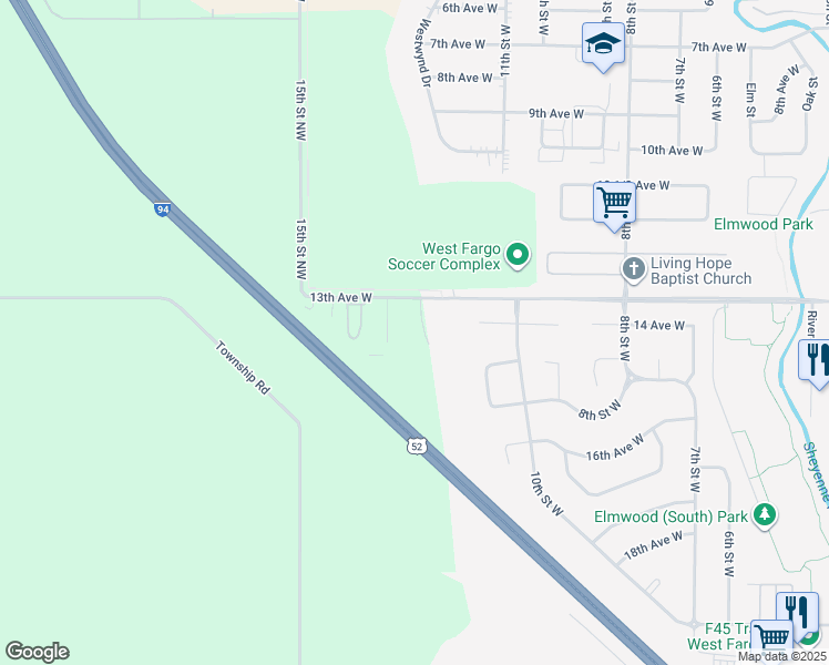 map of restaurants, bars, coffee shops, grocery stores, and more near 1251 13th Avenue West in West Fargo