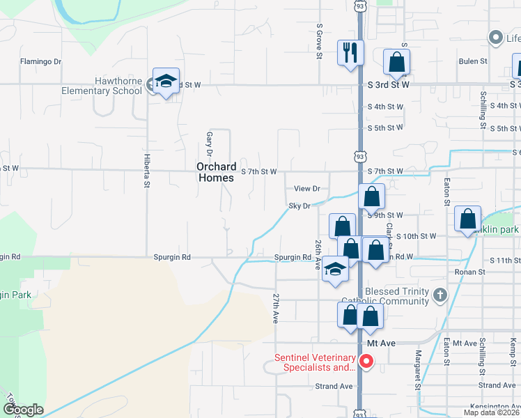 map of restaurants, bars, coffee shops, grocery stores, and more near 1013 Patty Ann Drive in Missoula