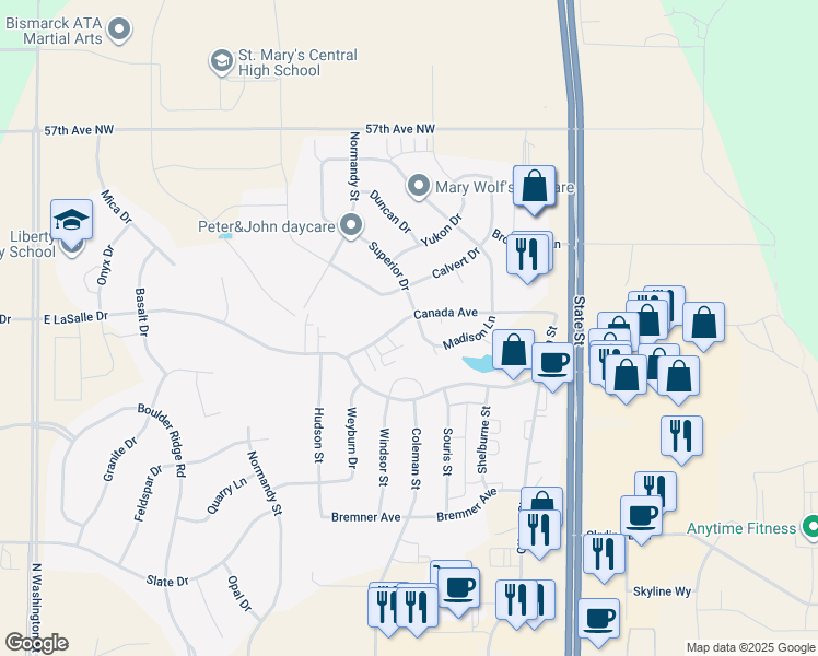 map of restaurants, bars, coffee shops, grocery stores, and more near 925 Canada Avenue in Bismarck