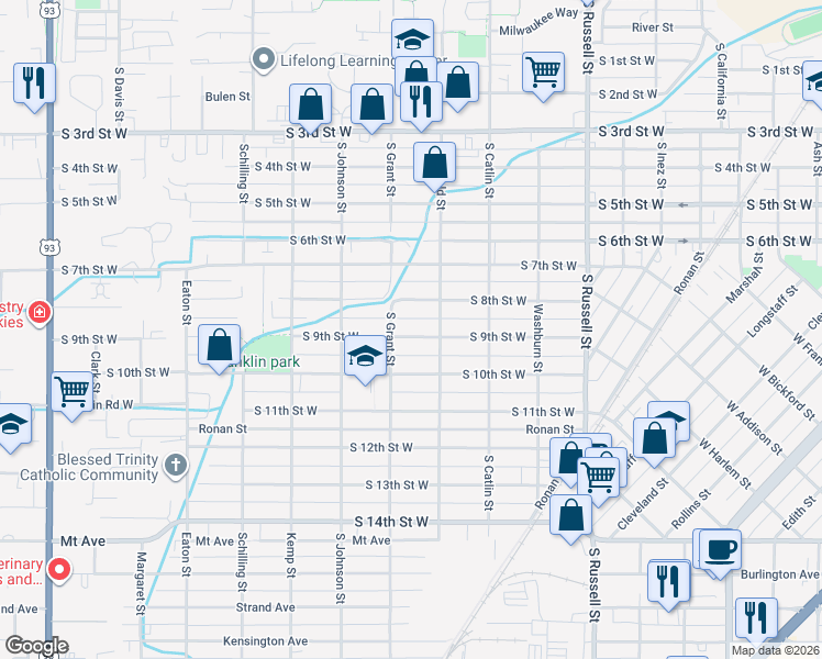 map of restaurants, bars, coffee shops, grocery stores, and more near 1840 South 9th Street West in Missoula